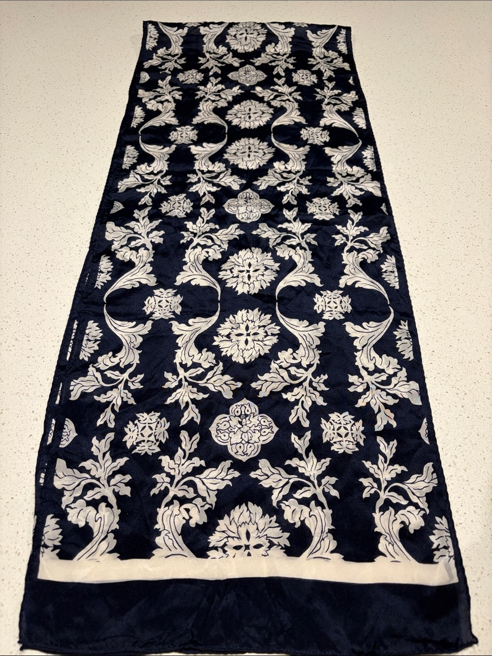 KIKAMI - Navy and White Silk Floral Print Scarf.